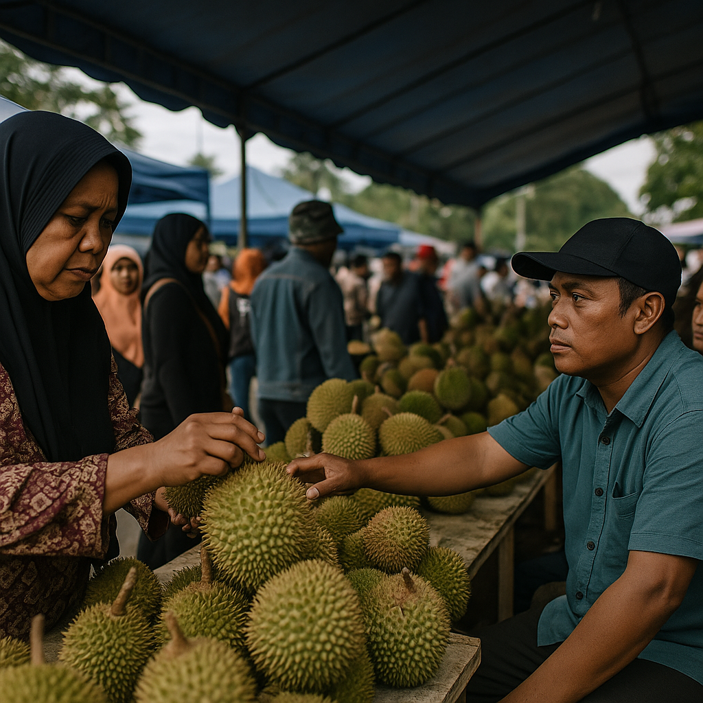 Suasana bazar durian dengan tumpukan buah durian segar dipajang di meja pedagang