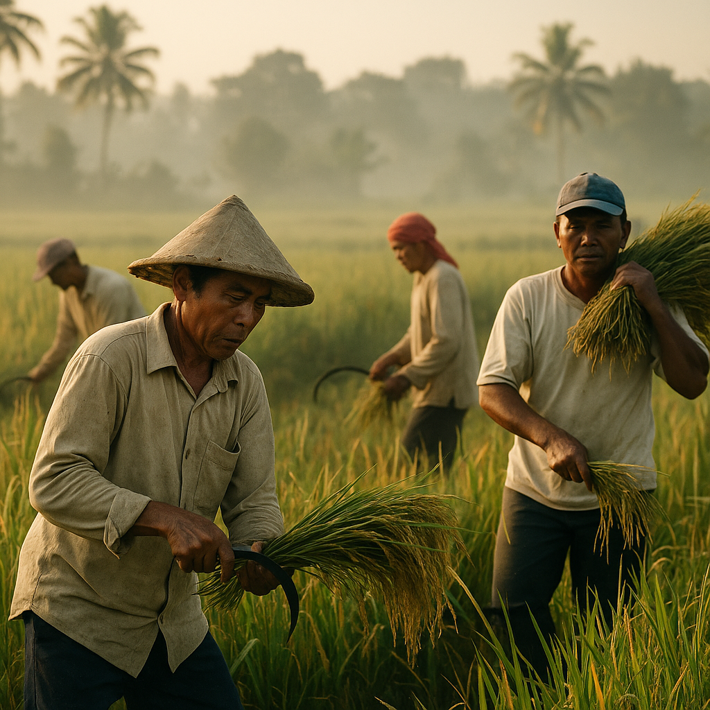 Petani memanen padi di sawah hijau pada pagi hari